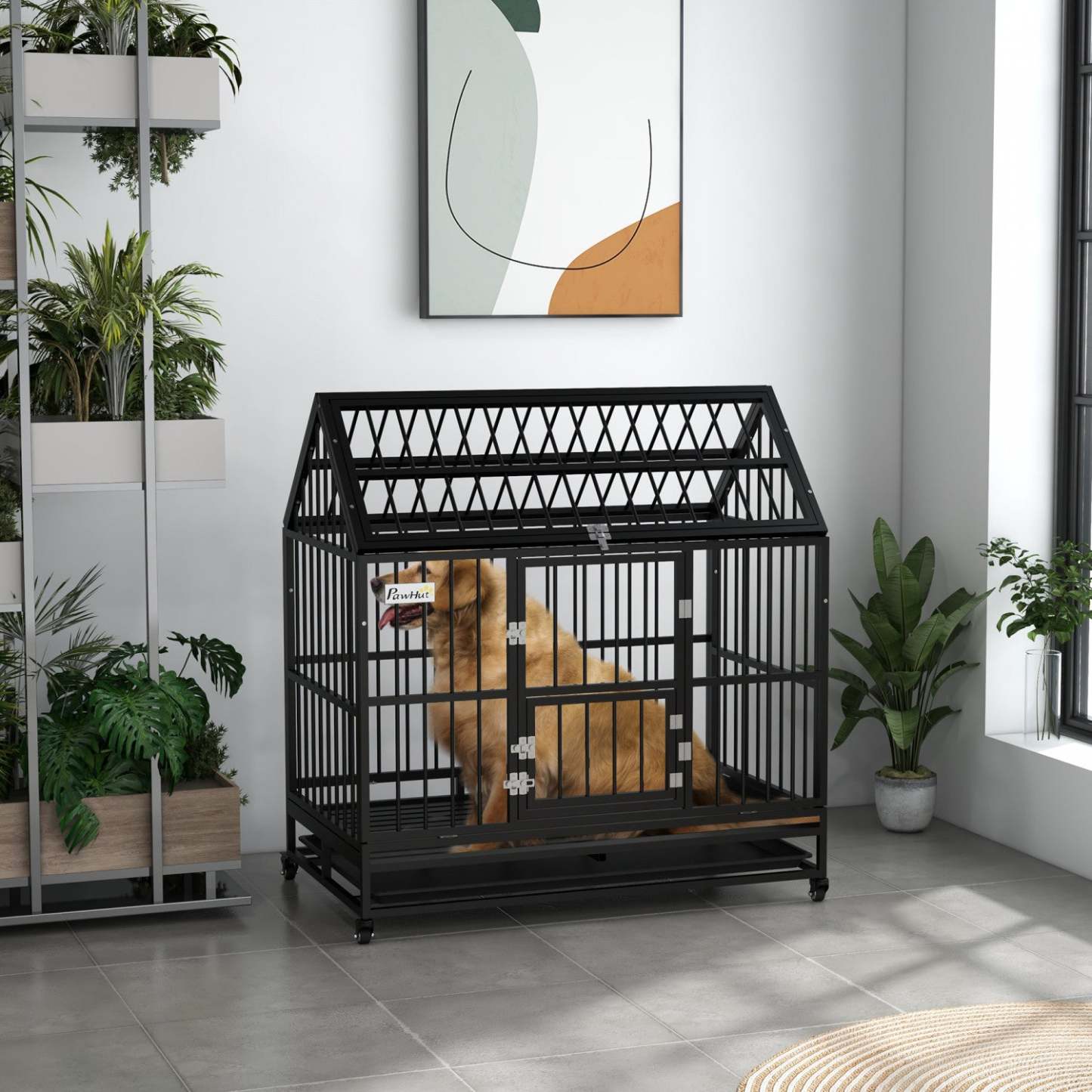 Pawhut 49 Heavy Duty Dog Crate, Metal Dog Kennel Cage With Openable Roof, Amovible Tray, Doors, Wh|Cage Pour Chien Robuste En Metal De 49 Avec Plateau Amovible, Portes, Toit Ouvrant, Roues, P