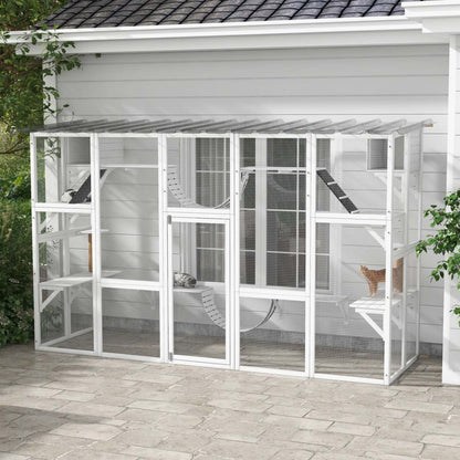 Pawhut Catio, grande enceinte extérieure pour chat avec condos, plateformes, échelles, portes, résistant aux intempéries|Pawhut Catio Maison D'exterieur Pour Chat Avec Toit De Protection Contre Les Intemperies Pour Plusie