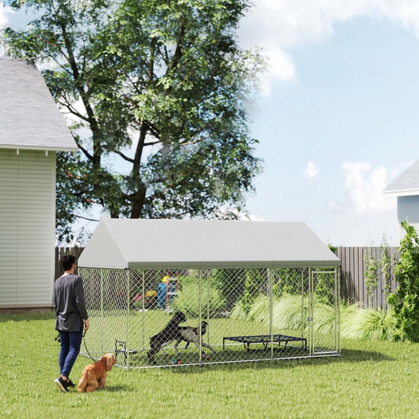 Pawhut Grande Chatterie Pour Chien Avec Toit Et Verrouillage Sécurisé, Enclos Pour Chien En Acier Galvanisé Résistant Avec Couverture Imperméable Et Résistante Aux UV, 13.1' X 7.5' X 7.8'