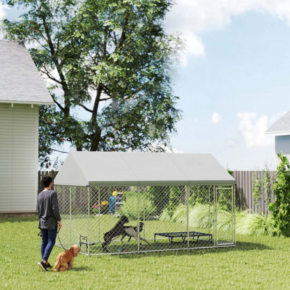 Pawhut Grande Chatterie Pour Chien Avec Toit Et Verrouillage Sécurisé, Enclos Pour Chien En Acier Galvanisé Résistant Avec Couverture Imperméable Et Résistante Aux UV, 13.1' X 7.5' X 7.8'