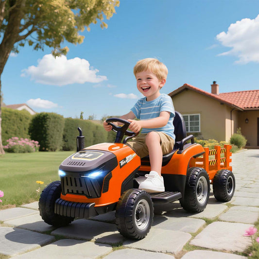 Qaba Kids Tracteur à Pousser avec Remorque, Voiture Électrique Alimentée par Batterie 12v avec Télécommande, Musique, Lumières, Boîte de Vitesses, Véhicule Électrique pour Enfants de 3 à 8 Ans, Orange