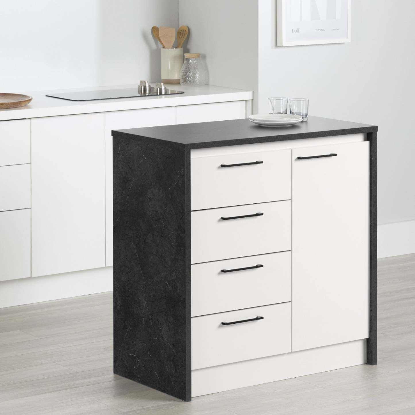 Îlot de cuisine compact Myro avec rangement - Fausse pierre noire et blanc | Îlot de cuisine compact Myro avec rangement - imitation de pierre noire et blanc
