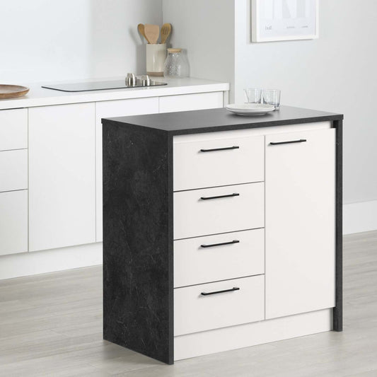 Îlot de cuisine compact Myro avec rangement - Fausse pierre noire et blanc | Îlot de cuisine compact Myro avec rangement - imitation de pierre noire et blanc