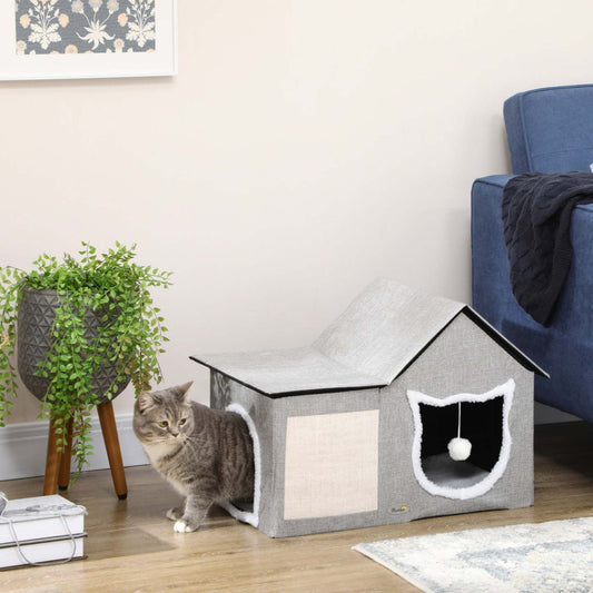 Lit pour chat Pawhut pour intérieur, grande maison pour chat avec coussin doux, tapis à gratter, balle suspendue, condo pour chaton avec deux entrées, gris