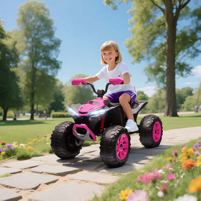 Qaba 24v Kids Atv, voiture électrique à 2 places pour enfants, quad électrique alimenté par batterie avec 4 roues suspendues, vitesses haute/basse, musique, phares, pour garçons et filles, rose