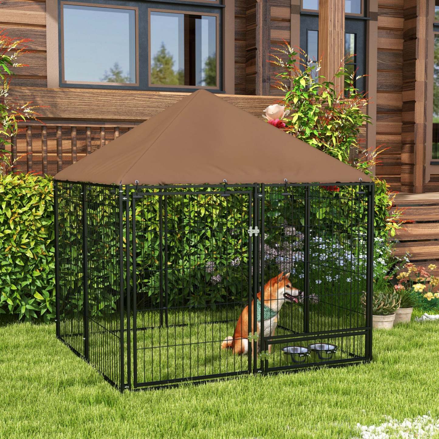 Pawhut Chenil Exterieur Pour Chien De 4.6' X 4.6' X 5' Avec Auvent, Bols Rotatifs, Porte Pour Cour E