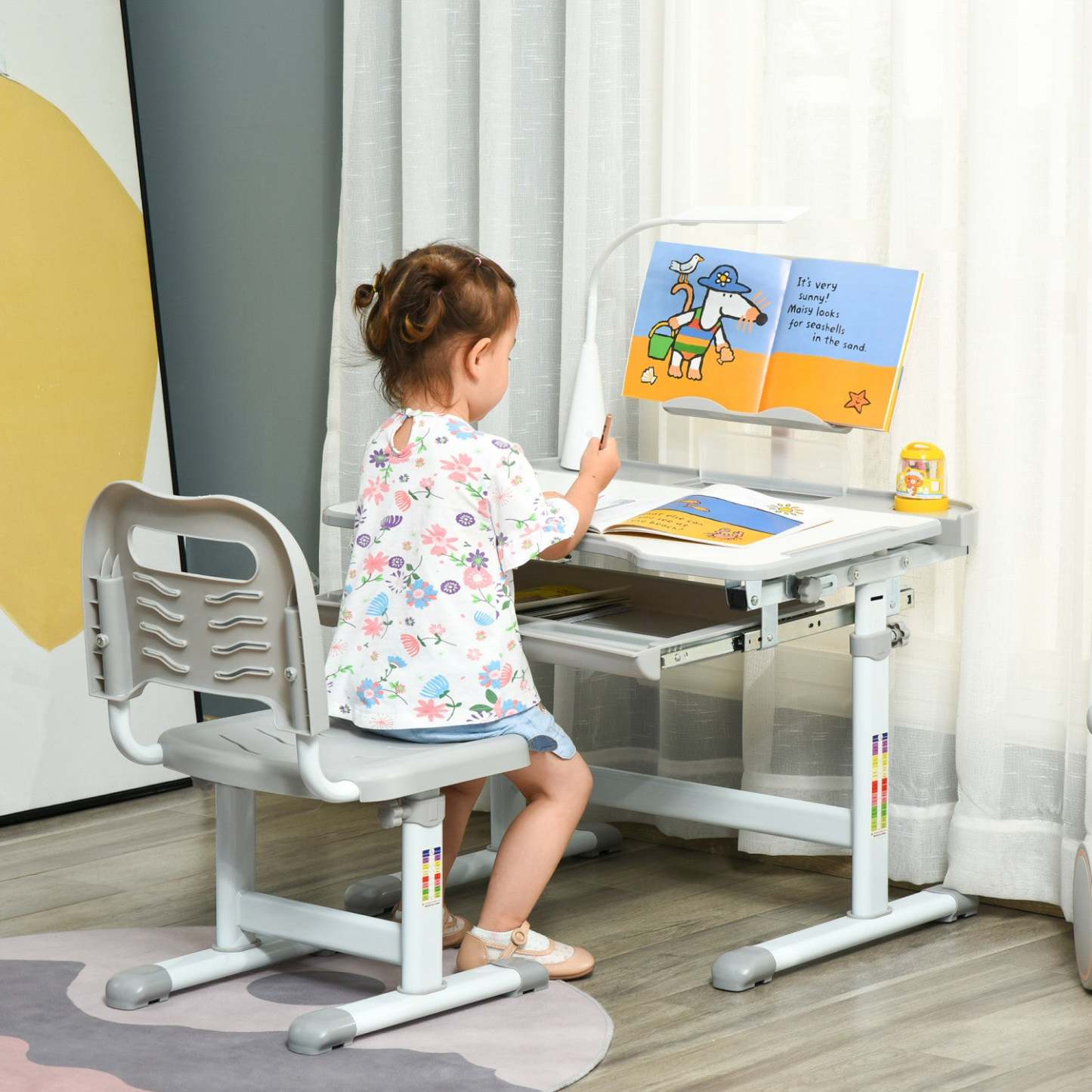 Qaba Ensemble Bureau Et Chaise Pour Enfants, Bureau D'écriture Réglable En Hauteur, Table D'étude Av
