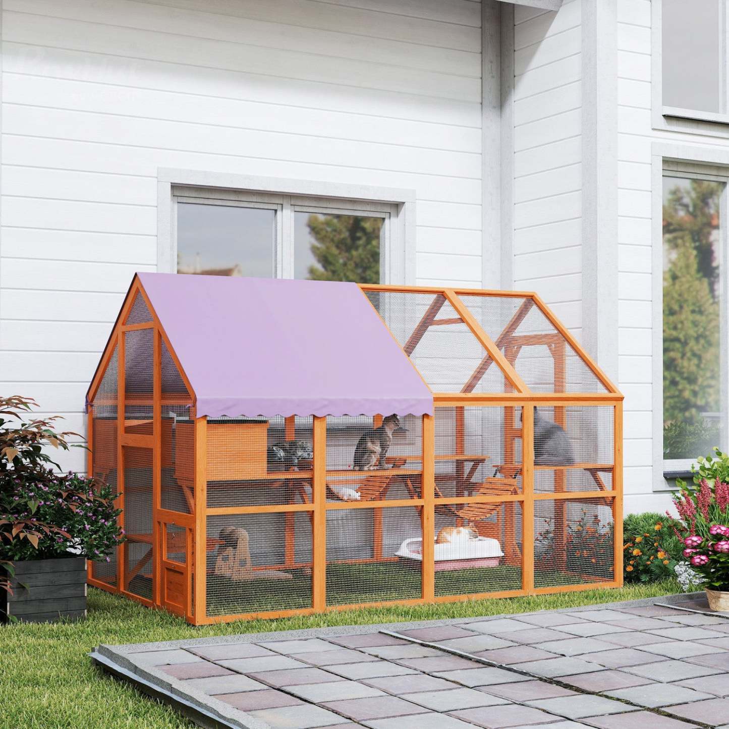 Pawhut Catio Enclos extérieur pour chats en bois avec auvent imperméable, ponts, boîtes de dépôt, plateformes, pour 3-6 chats, orange