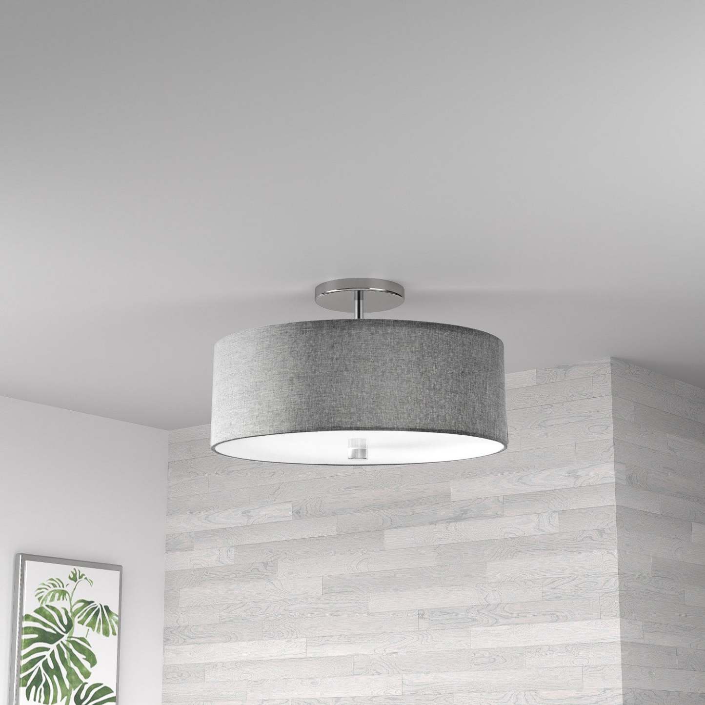 Dainolite Everly 3 Light Semi-flush Mount Polished Chrome Finish Grey Shade Lamp|Plafonnier semi-affleuré Everly de Dainolite avec abat-jour gris, fini chromé poli et 3 ampoules