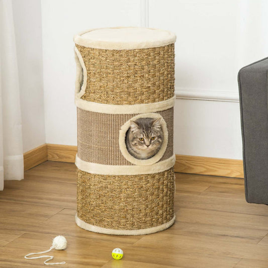 Pawhut Tour A Chat 3 Etages A Trois Trous Avec Surface De Couverture A Gratter En Sisal Et Algues, T
