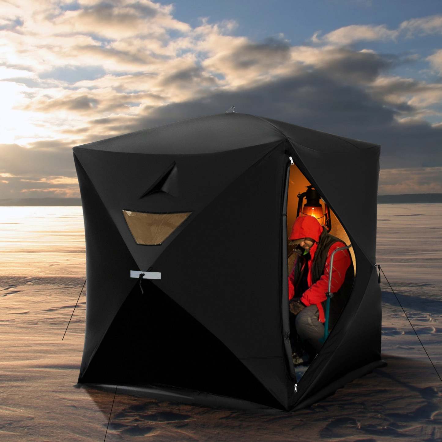 Outsunny Tente De Pêche Sur Glace 2-4 Personnes Abri De Glace Pop-up Portable Avec Fenetres Enroulab