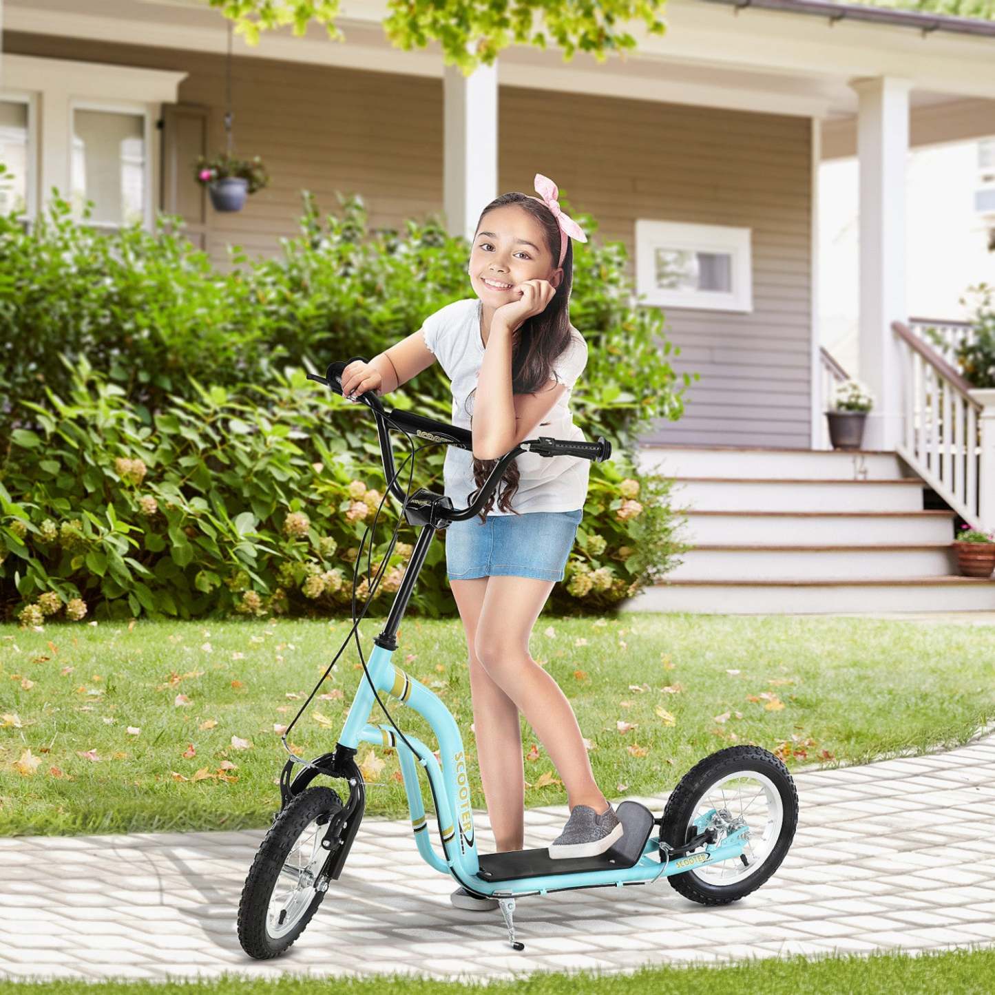 Aosom Trottinette Pour Enfants Avec Roue Gonflable En Caoutchouc De 12'', Trottinette Pour Adolescents Pour Enfants De 5 Ans Et Plus Avec |Aosom Trottinette Pour Enfants Scooter Roues Avant Et Arrière Étrier Double Freins 12 Pouces Gonflables