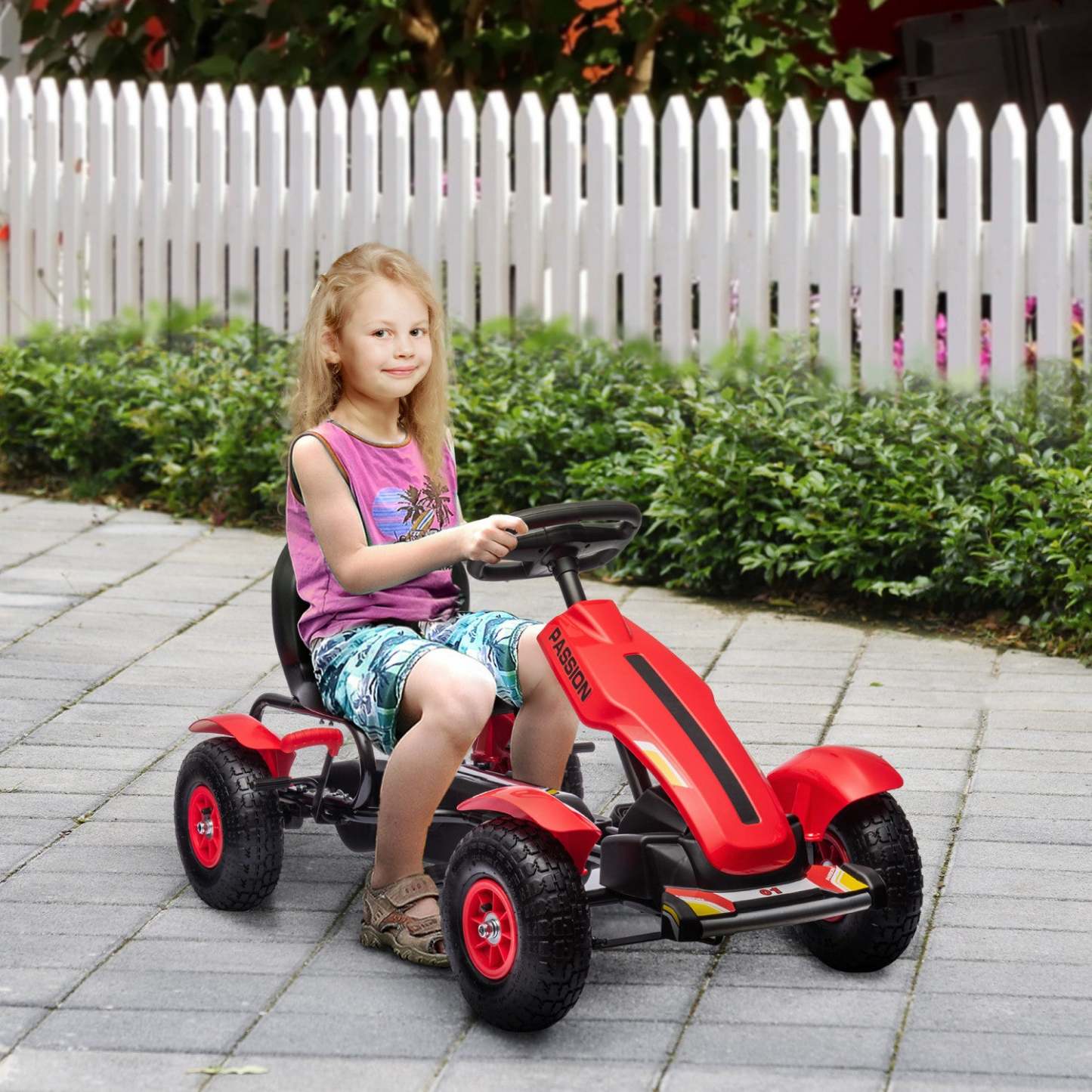 Aosom Kart à Pédales pour Enfants, Voiture à Pédales avec Seau réglable, Frein à Main, 4 Roues en Caoutchouc, Véhicule Électrique Intérieur, Âges 5-12 Ans, Rouge