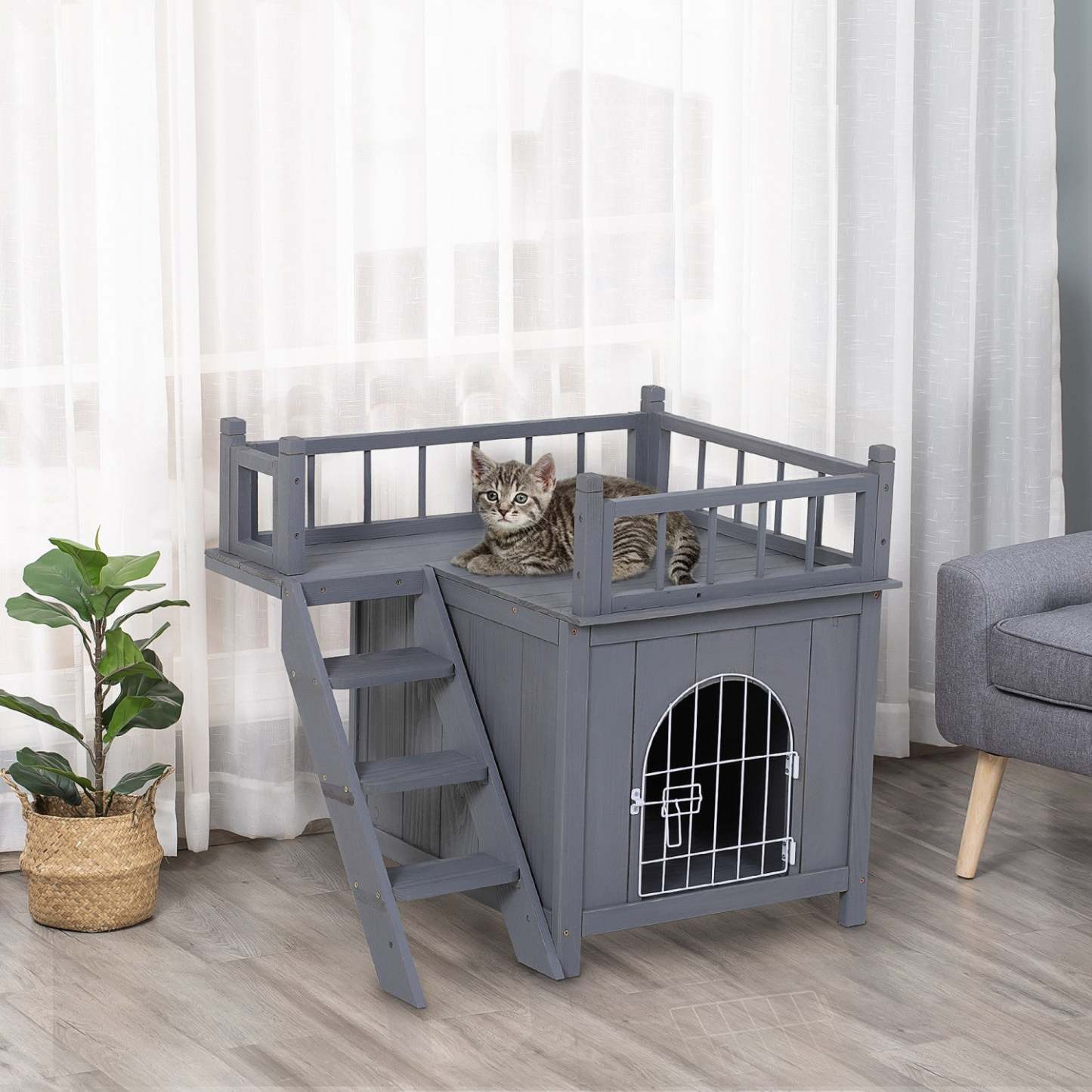Pawhut Maison Pour Animaux à 2 Niveaux Pour Chats et Chiens Miniatures, Abri en Bois Pour Chat Avec Enclos, Balcon|Pawhut Abri Pour Chats En Bois, Extérieur, simulation Et Surélevé, À Deux Niveaux, Avec Balcon, Gris