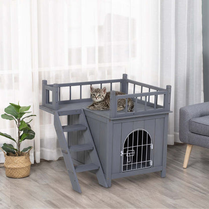 Pawhut Maison Pour Animaux à 2 Niveaux Pour Chats et Chiens Miniatures, Abri en Bois Pour Chat Avec Enclos, Balcon|Pawhut Abri Pour Chats En Bois, Extérieur, simulation Et Surélevé, À Deux Niveaux, Avec Balcon, Gris