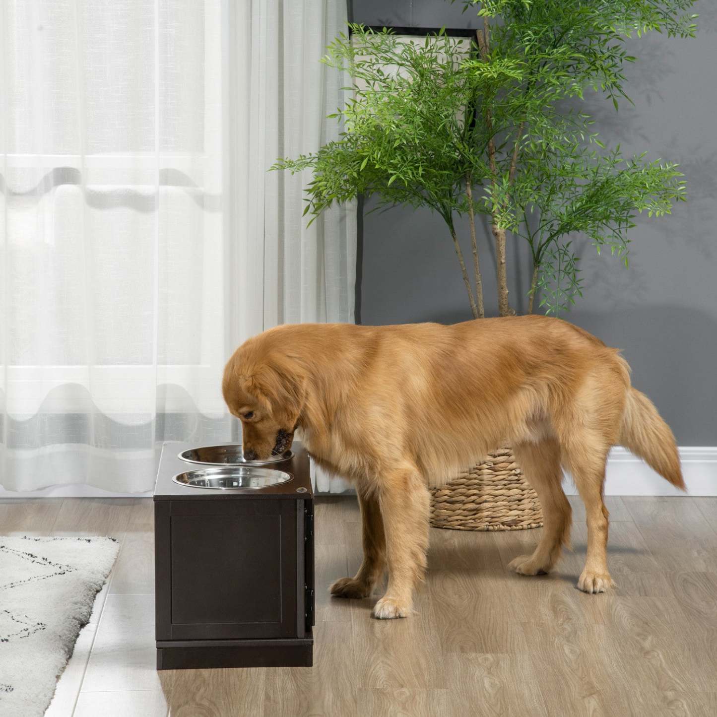 Pawhut Grand Support de Rangement pour Gamelles de Chiens Élevées, Cabinet de Rangement pour Nourriture de Chiens avec 2 Inox