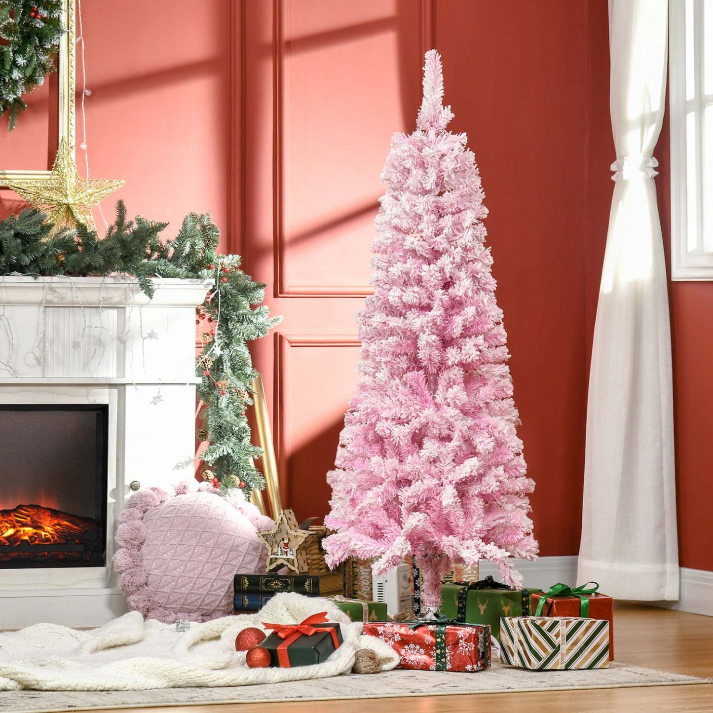 Homcom Arbre De Noël Artificiel Floqué De Neige Avec Base En Acier Rose | Homcom Arbre De Noël Artificiel Floqué De Neige De 5 Pieds