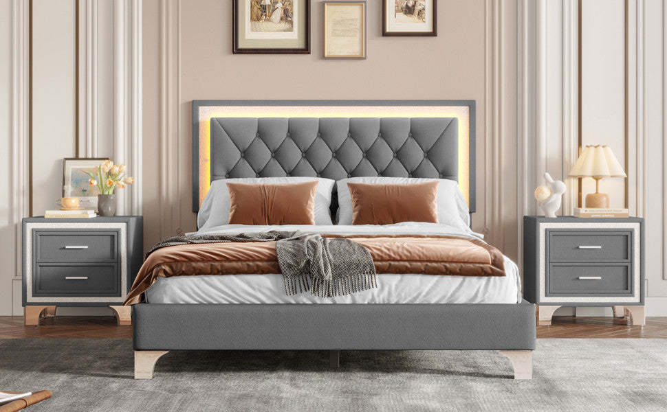 Ensemble De Chambre Sophia 3 Pièces Avec Tête De Lit Capitonnée En Velours, Lit Tapissé Et Éclairage LED, Taille Queen, Gris