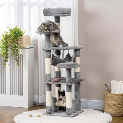 Pawhut Cat Tree, 52 Multi-level Cat Tower With Hammock, Cat Bed, Sisal Scratching Posts, Grey|Pawhut 52 Multi-niveaux Arbre À Chat Tour Chaton Griffoir Centre D'activités Maison De Jeu Avec Ham