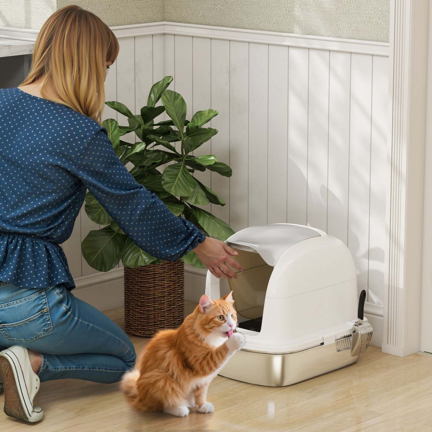 Pawhut Grande Boîte à Litière en Acier Inoxydable avec Couvercle, Grande Boîte à Litière Fermée pour Chats avec Couvercle Rabattable, Hauts Bords, Pelle, Sans Odeur, Facile à Nettoyer, Anti-fuite d'urine