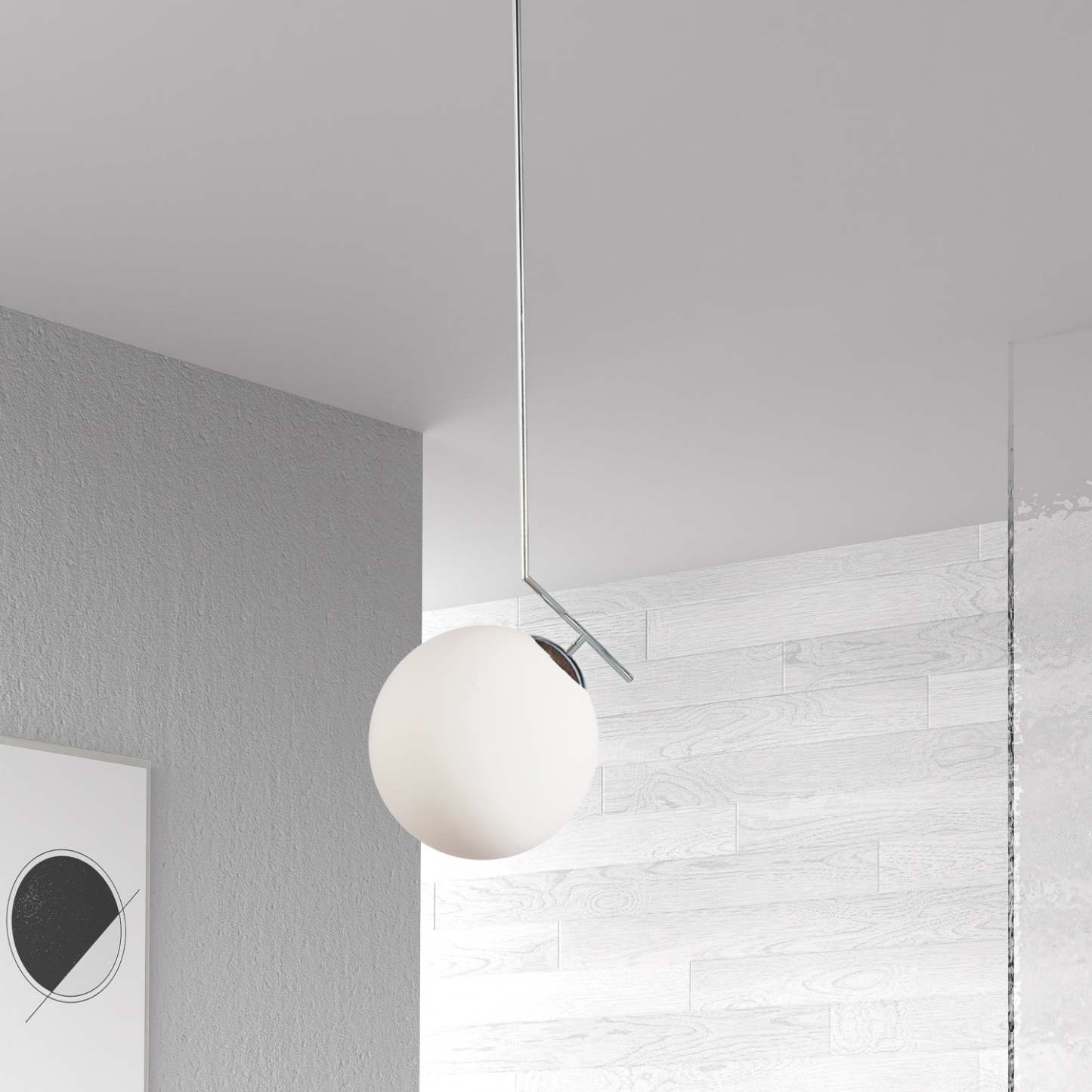 Dainolite Orion 1 Light Pendant Poli Chrome Finish White Glass Lamp|Luminaire suspendu Orion de Dainolite en verre blanc, avec fini chromé poli et 1 ampoule