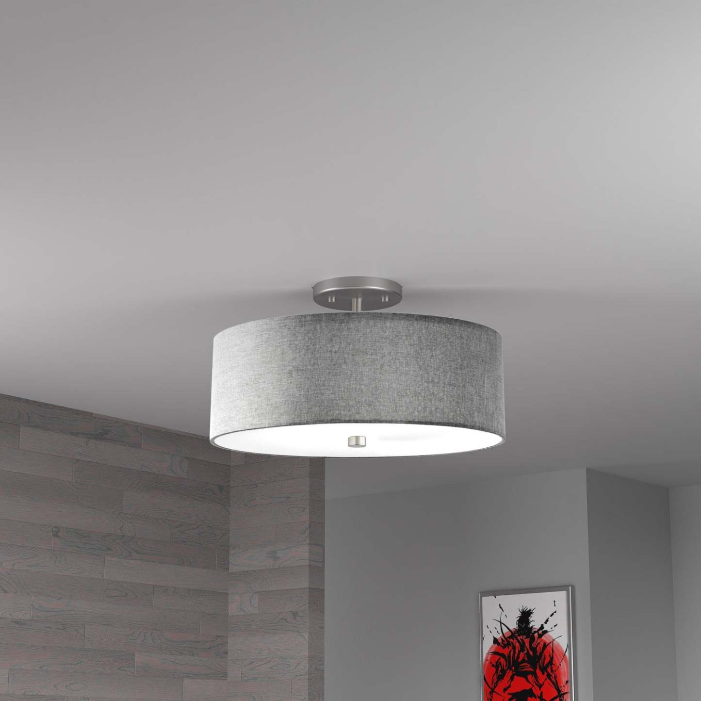 Dainolite Everly 3 Light Semi-flush Mount Satin Chrome Finish Grey Shade Lamp|Plafonnier semi-affleuré Everly de Dainolite avec abat-jour gris, fini chromé satiné et 3 ampoules