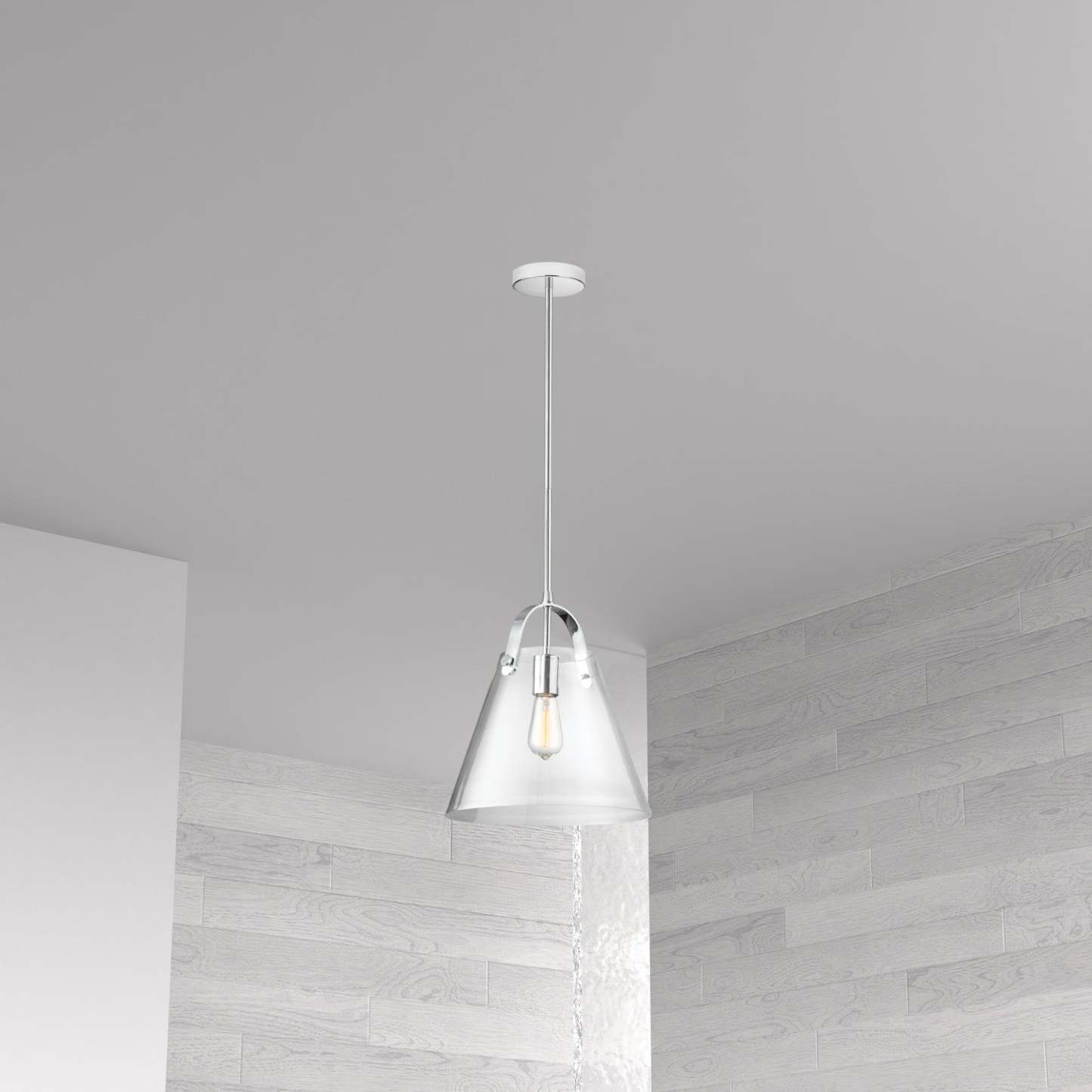 Luminaire suspendu moyen Polly de Dainolite en verre transparent, avec fini chromé poli et 1 ampoule
