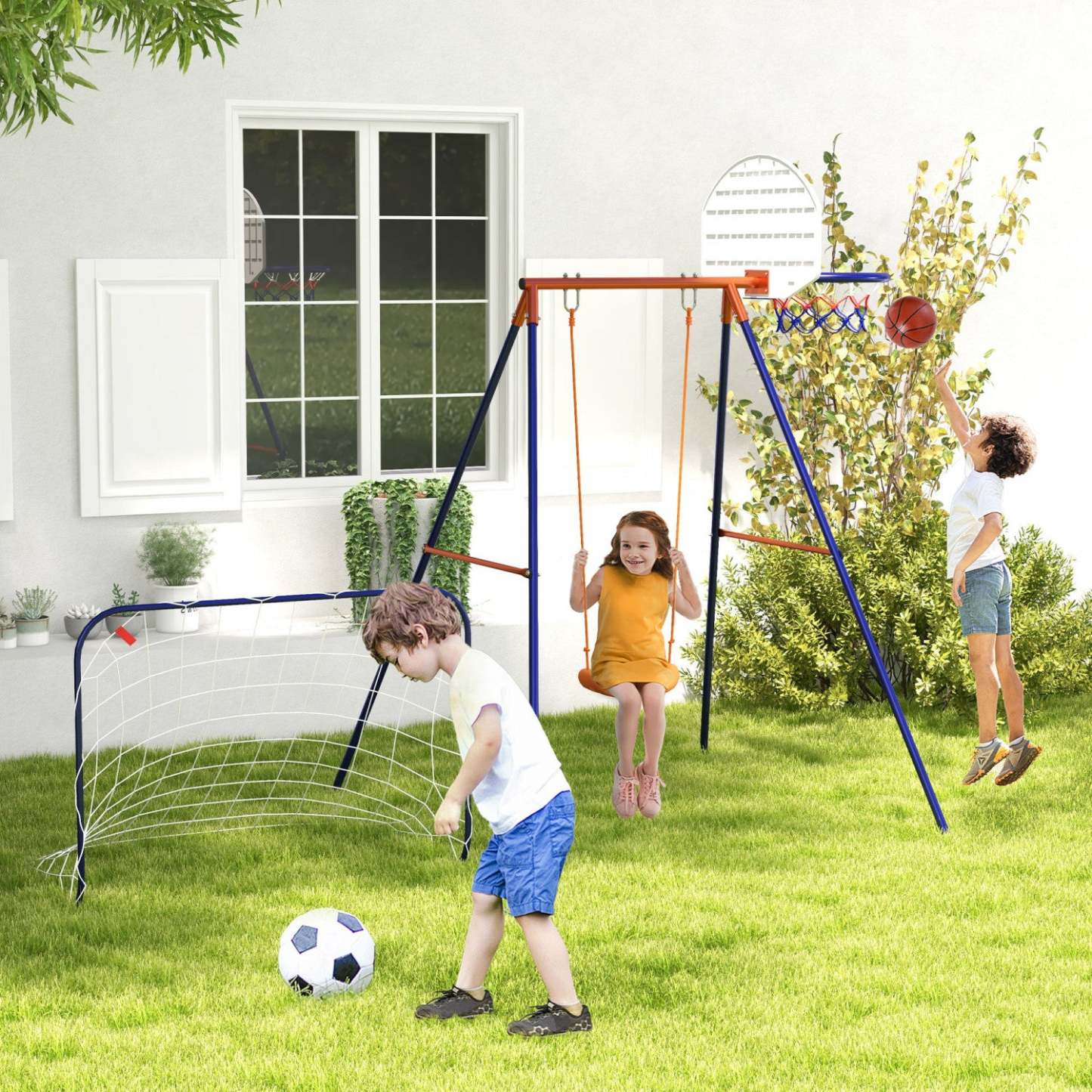 Outsunny Swing Set Pour Enfants Exterieur 3 En 1 Cadre D'oscillation En Metal Avec Siege D'oscillation, Cerceau De Basket Et Fo