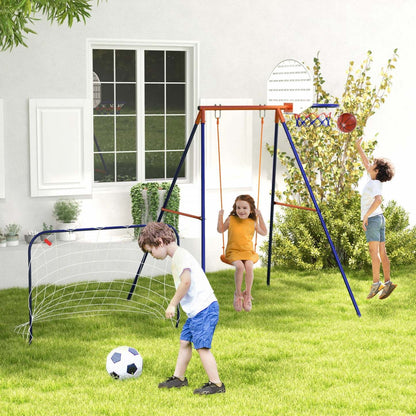 Outsunny Swing Set Pour Enfants Exterieur 3 En 1 Cadre D'oscillation En Metal Avec Siege D'oscillation, Cerceau De Basket Et Fo