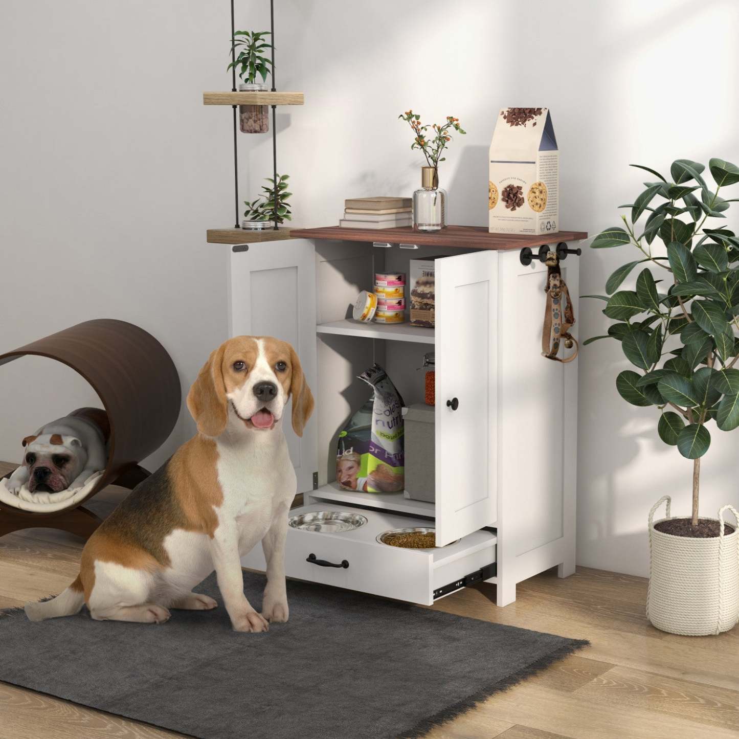 Pawhut Station D'alimentation Pour Chien, Récipient De Stockage De Nourriture Pour Animaux De Compagnie Avec Bols Élevés Cachés, Adj