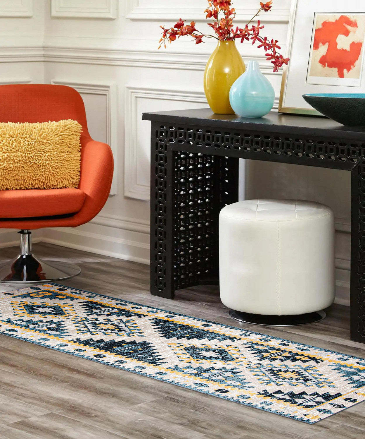 Tapis mosaïque taupe/bleu lavable en machine - 2'6 x 8'0|Carpette Mosaic taupe et bleue lavable à la machine - 2 pi 6 po x 8 pi 0 po|D86FKSIA