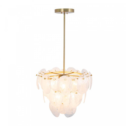 Lustre A 8 lampes Lily, Laiton Brosse Et Verre Genre Murano Blanc Vaporeux