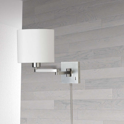 Dainolite Dainolite Swing Arm Wall Sconce Satin Chrome White Drum Shade Lamp|Applique murale Dainolite de Dainolite avec abat-jour cylindrique blanc, bras articulé et fini chromé satiné