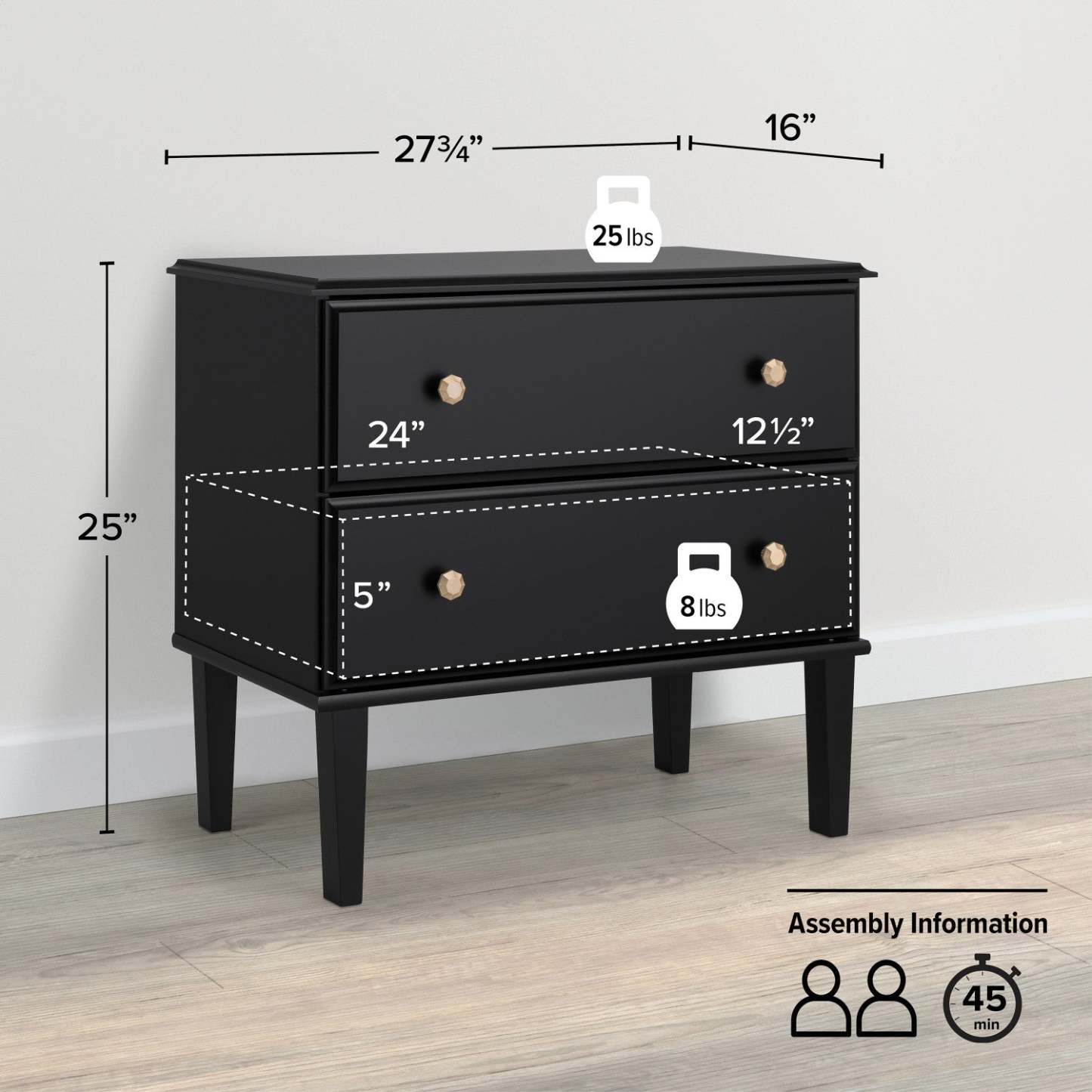 Prepac Lux 2-Drawer Nightstand - Black|Table de nuit Lux de Prepac à 2 tiroirs - noire