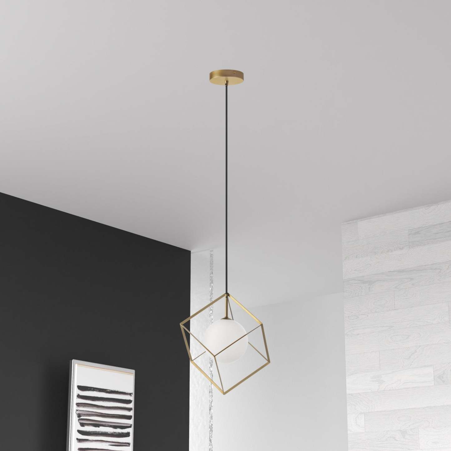 Luminaire suspendu Thomson de Dainolite en verre blanc opale, avec fini doré et 1 ampoule