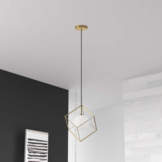 Luminaire suspendu Thomson de Dainolite en verre blanc opale, avec fini doré et 1 ampoule