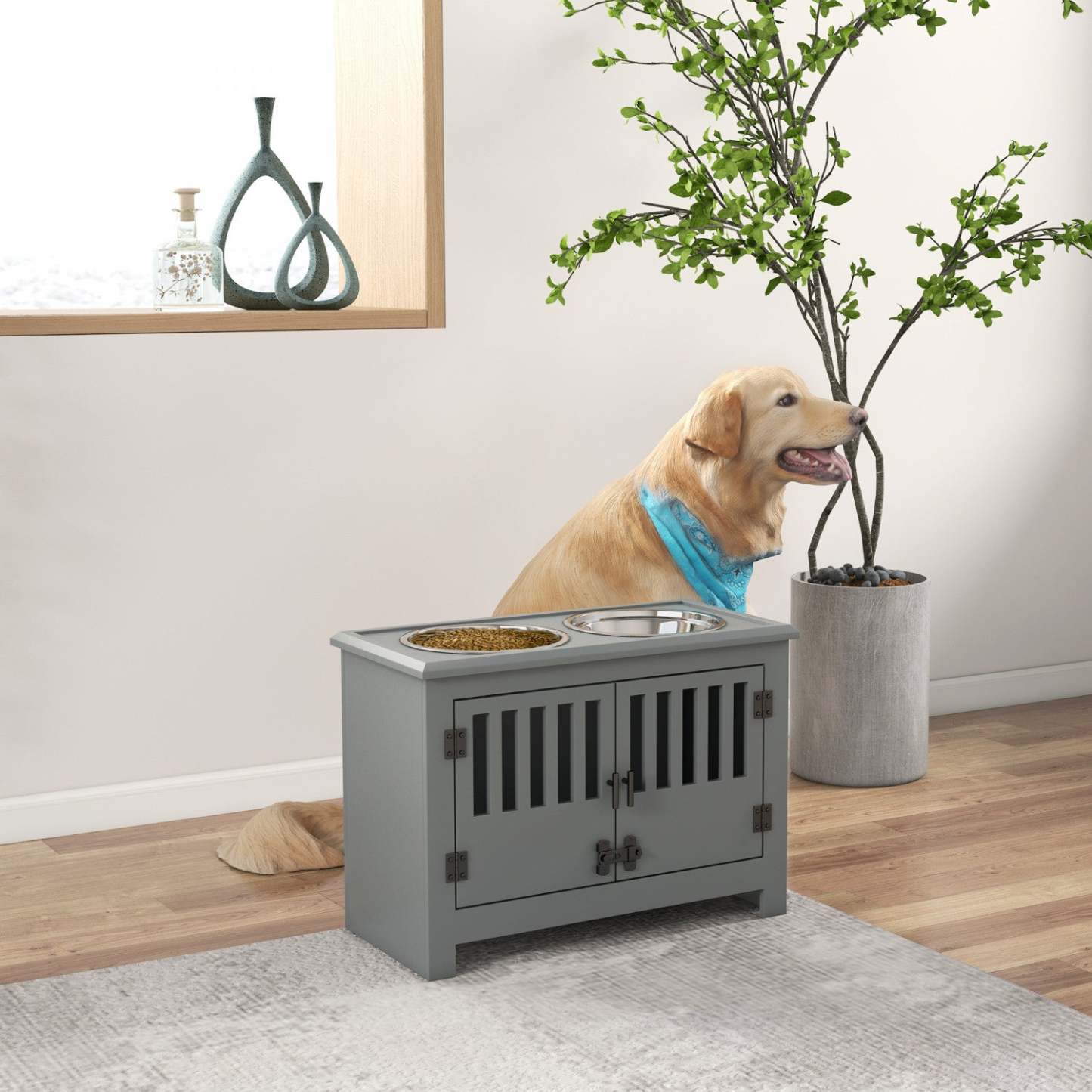 Pawhut Gamelles Surelevées Pour Chien, Mangeoire Surelevée Avec 2 Gamelles En Acier Inoxydable, Armoire, Porte, Pour Extr