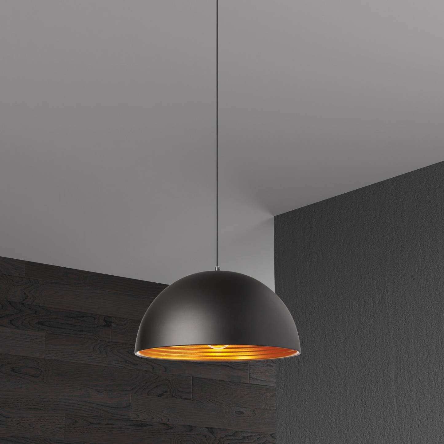 Dainolite Helsinki 1 Light Pendant Dome 16 Dia Matte Black Finish Gold Interior Lamp|Luminaire suspendu Helsinki de Dainolite de 16 po de diamètre en forme de dôme, avec intérieur doré, fini noir mat et 1 ampoule