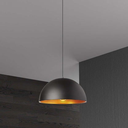 Dainolite Helsinki 1 Light Pendant Dome 16 Dia Matte Black Finish Gold Interior Lamp|Luminaire suspendu Helsinki de Dainolite de 16 po de diamètre en forme de dôme, avec intérieur doré, fini noir mat et 1 ampoule