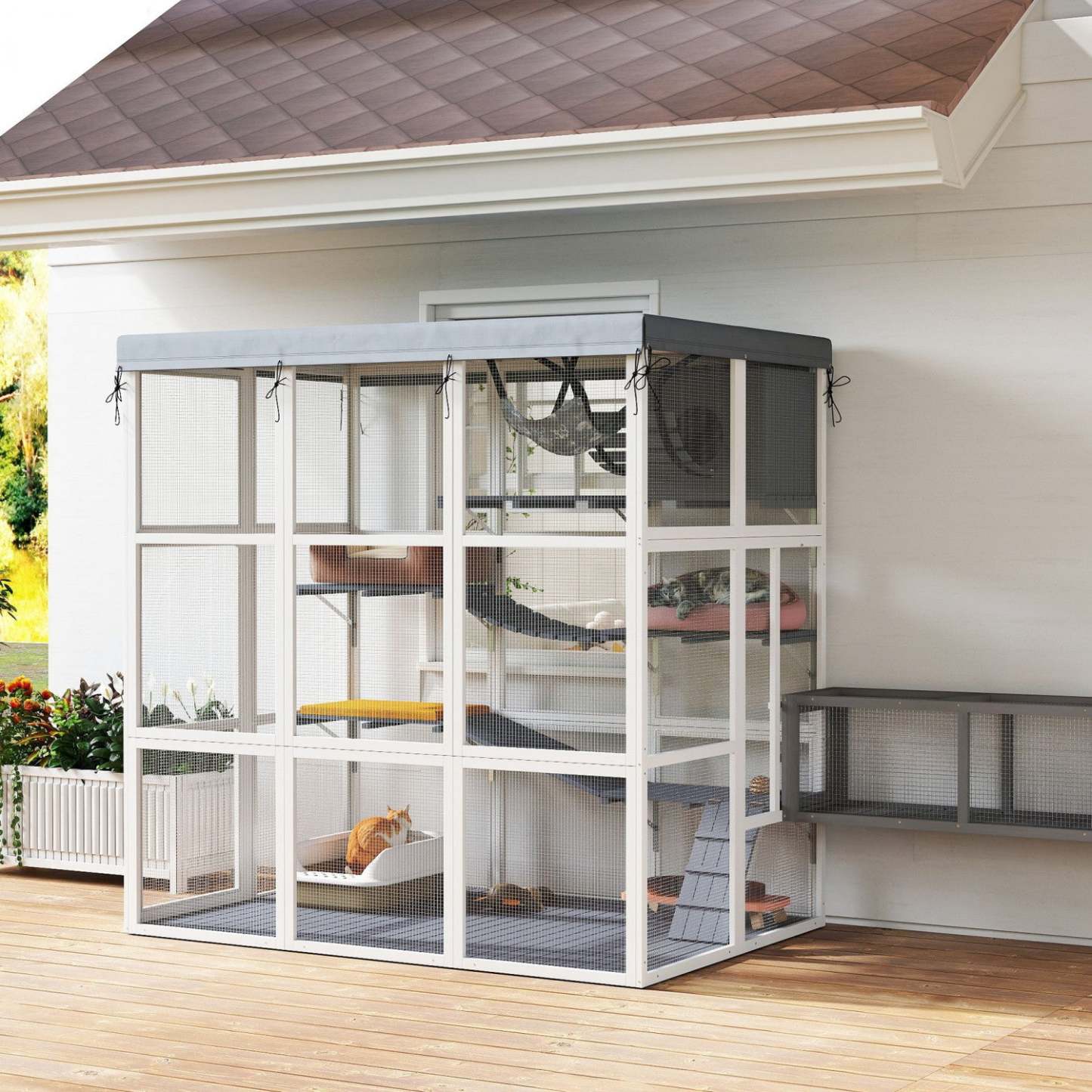 Catio extérieur pour chats Pawhut, 71 grande maison en bois pour chats avec toile imperméable, cage pour chat avec hamac, condo, plateformes, échelles, rampes, pour 2-4 chatons, gris