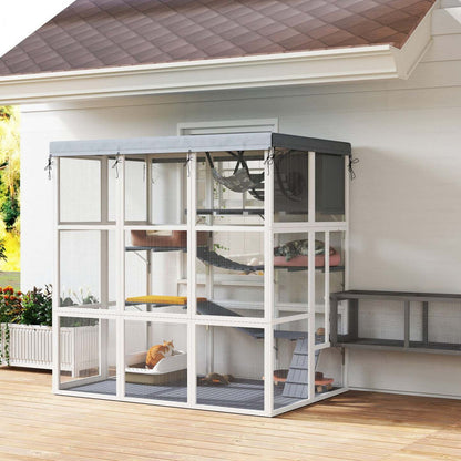 Catio extérieur pour chats Pawhut, 71 grande maison en bois pour chats avec toile imperméable, cage pour chat avec hamac, condo, plateformes, échelles, rampes, pour 2-4 chatons, gris