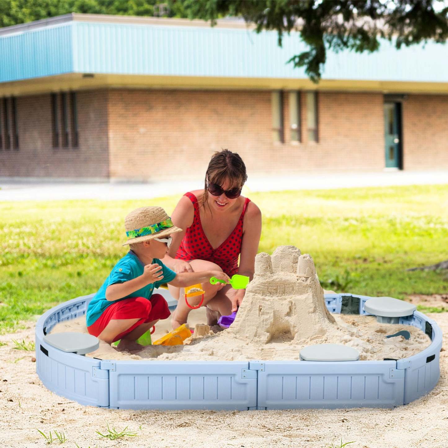 Bac à sable pour enfants avec couvercle, bac à sable pour l'extérieur avec siège d'angle, assemblage facile, station de jeu de sable pour le jardin