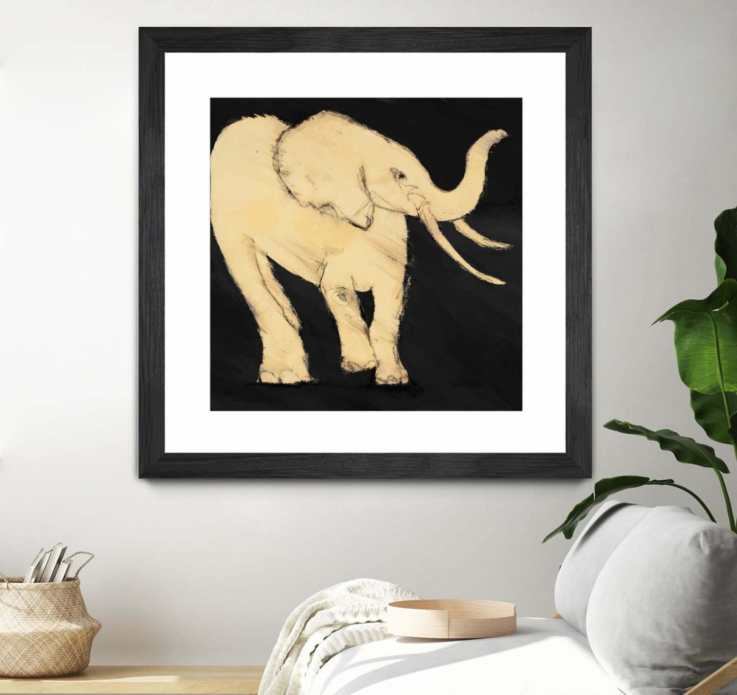 Baby Elephant Matted and Framed Black 36x36 Wall Art|Œuvre d’art murale encadrée noire et mate « Baby Elephant » 36 x 36