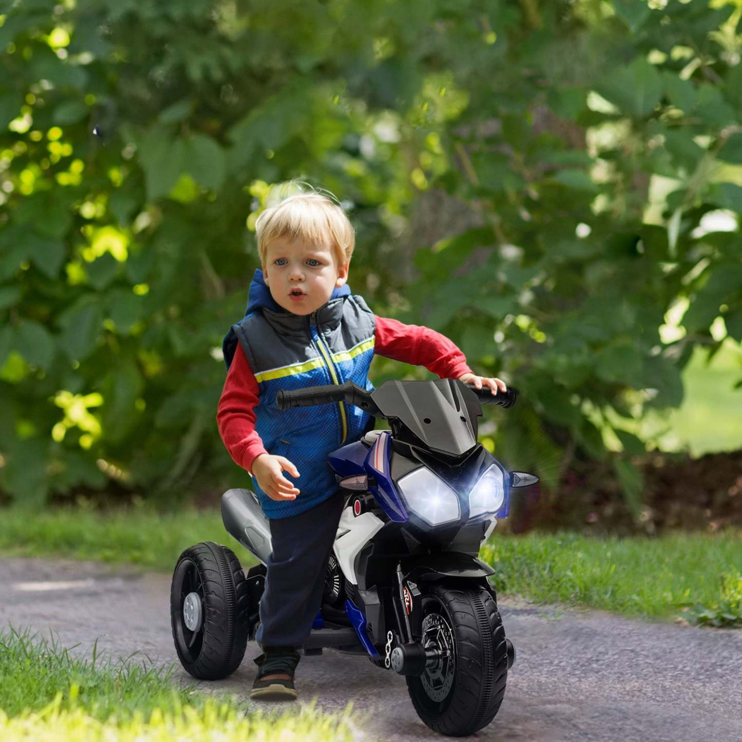 Qaba Kids Motorcycle, moto électrique alimentée par batterie 6v avec musique, klaxon, phares, vélo électrique à 3 roues pour enfants, cadeau pour garçons et filles, bleu