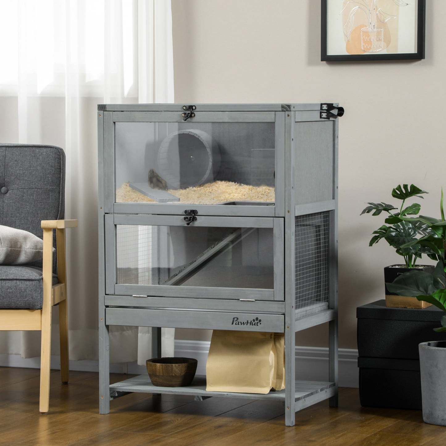 Pawhut Cage En Bois Pour Hamsters, Cage Pour Souris Et Rongeurs, Maison D'exercice À 2 Niveaux, Avec