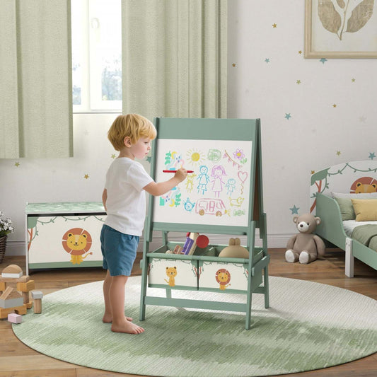 Qaba Art Easel pour enfants, chevalet double face 3-en-1 avec rouleau de papier, tableau blanc et tableau noir, 2 boîtes de rangement, cadeau pour garçons et filles de 3 à 8 ans, vert