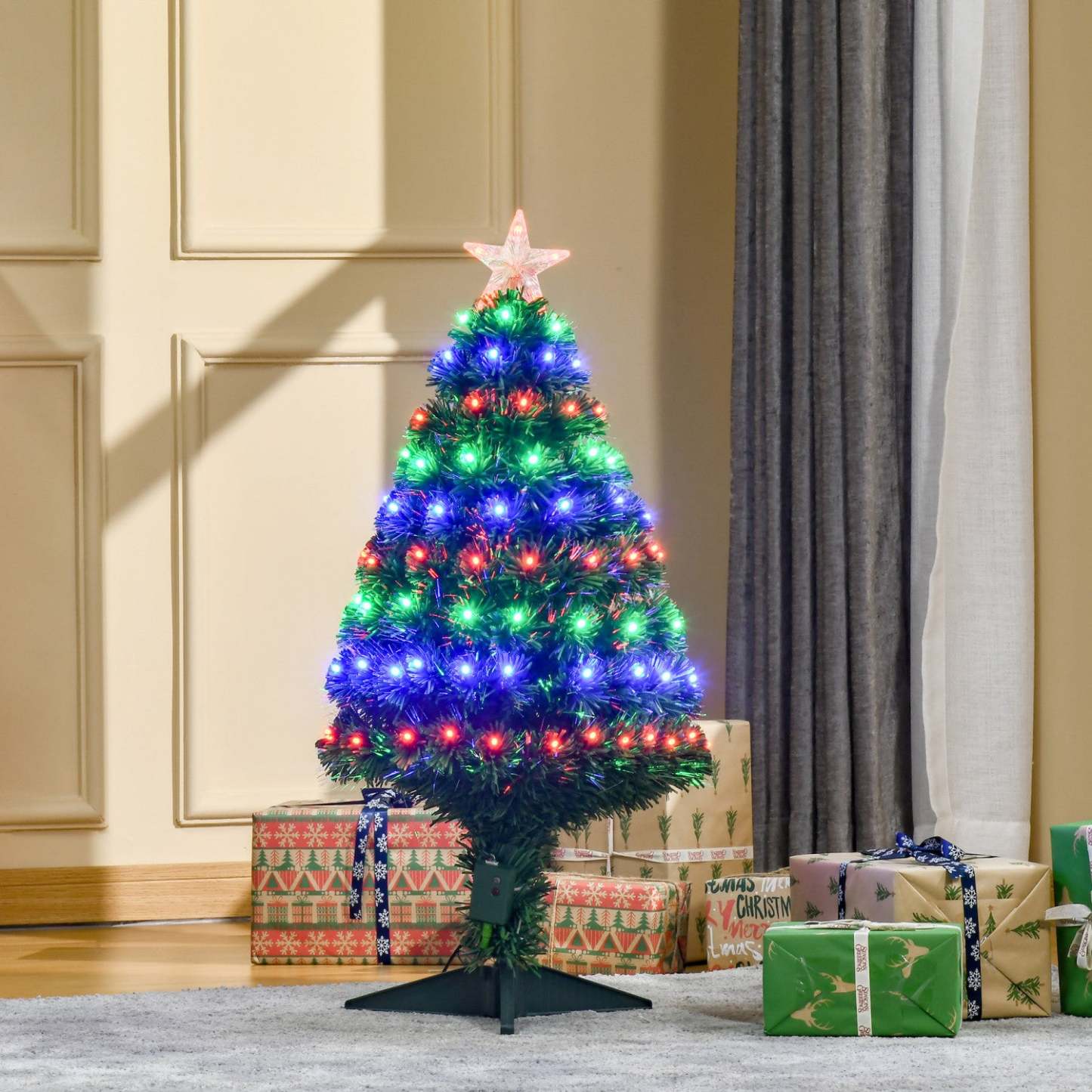 Homcom Sapin De Noël Artificiel A Fibre Optique Pré-éclaire De 0.9 M Avec 90 Lumières Led Et Pointes De Branches|Homcom 3ft Sapin De Noël Artificiel En Fibre Optique Pré-éclairé Avec 90 Lumières LED Et Pointes De Branches