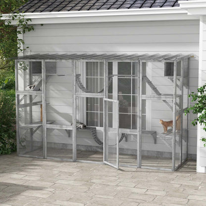 Pawhut Catio, Grande Enceinte Extérieure Pour Chats Avec Condos Pour Chats, Plates-formes, Échelles, Portes, Résistante aux intempéries