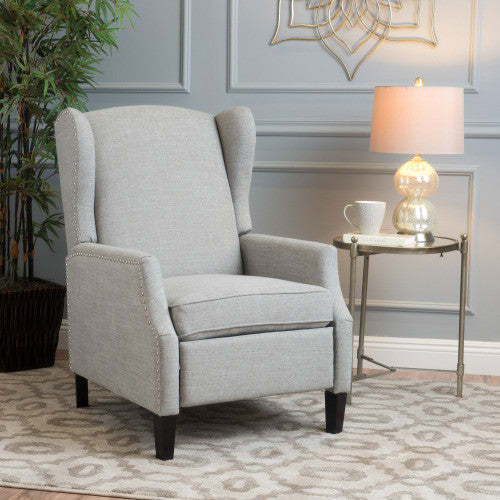 Fauteuil inclinable Wescott en tissu d'apparence lin avec pattes en bois et garniture cloutée - Gris antique | Fauteuil Inclinable Wescott En Tissu aspect lin Avec Pieds En Bois Et Bordure Clouée - Gris Antique