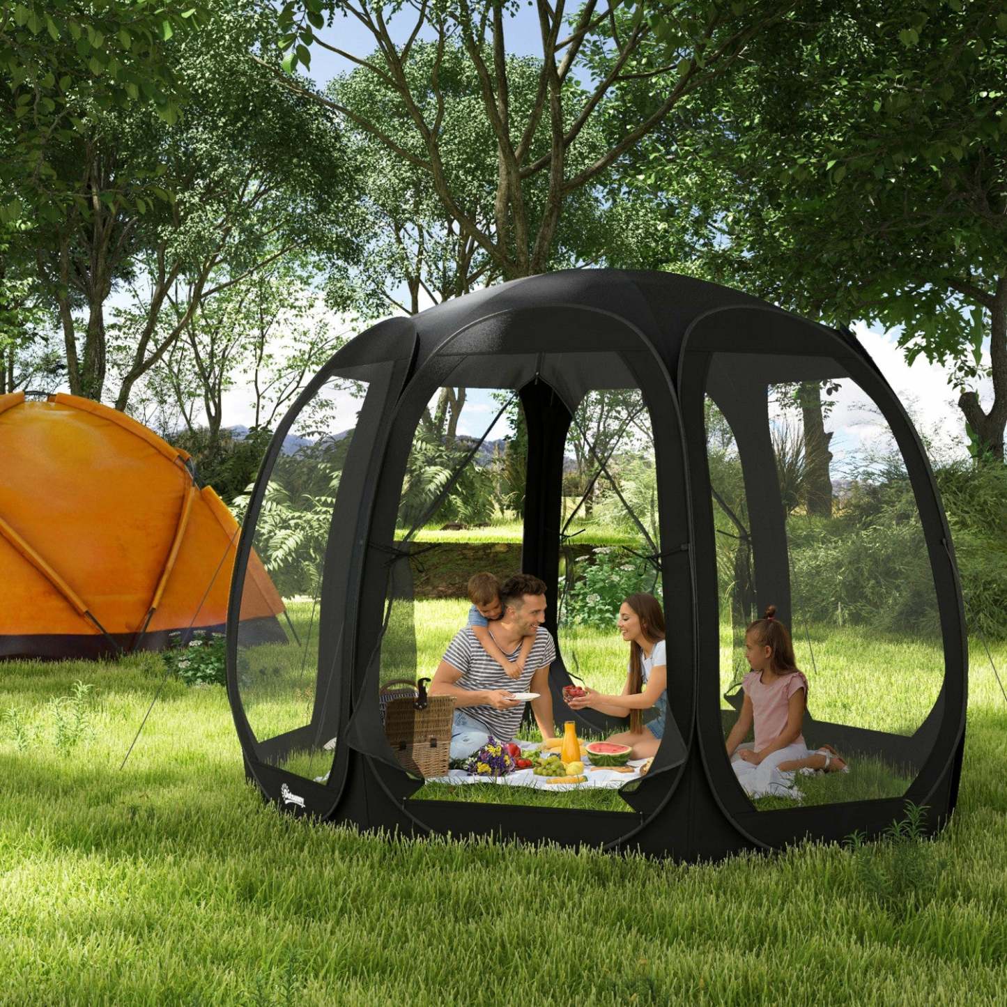 Tente moustiquaire Outsunny 11' X 11,5', gazebo escamotable avec 2 portes, noir|Outsunny Tente Moustiquaire, Tonnelle Escamotable Avec 2 Portes, Noir
